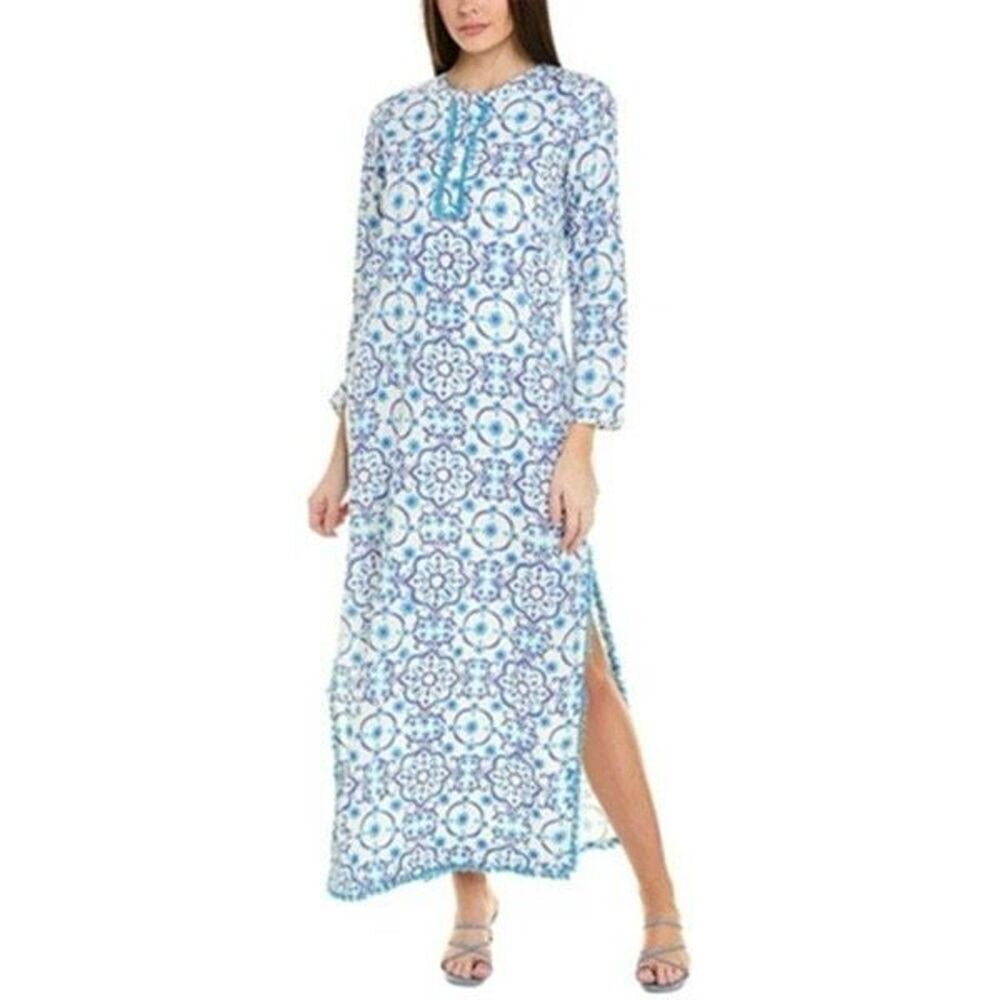 Sail to Sable Blue Medallion Print Caftan Dress Linen Blend Size S $220.00